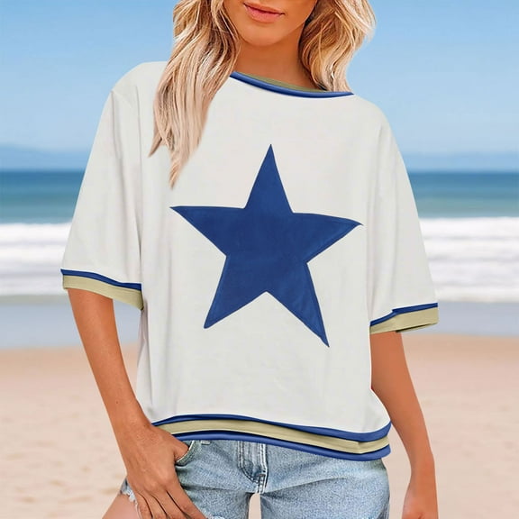 SYMOID Womens Summer Casual Fashion Star - Patterned Short Sleeve Round Neck Loose T - shirt,White,Size 3XL