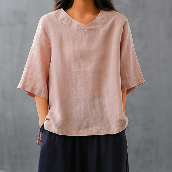SYMOID Womens Summer Casual Loose Fit V Neck Short Sleeve T-Shirt with Split Hem, Cotton And Linen Fabric,Pink,Size XL