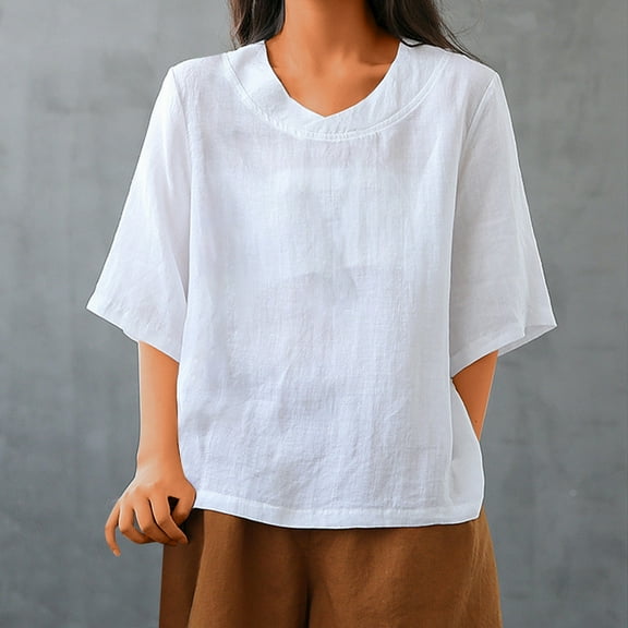 SYMOID Womens Summer Casual Loose Fit V Neck Short Sleeve T-Shirt with Split Hem, Cotton And Linen Fabric,White,Size XL
