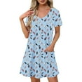 thumbnail image 1 of SYMOID Womens Summer Feather Print Short-sleeved V-neck Slim Casual Mini Shift Dress,Blue,Size L, 1 of 7