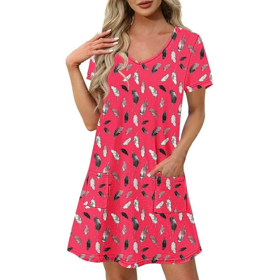 SYMOID Womens Summer Feather Print Short-sleeved V-neck Slim Casual Mini Shift Dress,Hot Pink,Size S