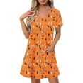 thumbnail image 1 of SYMOID Womens Summer Feather Print Short-sleeved V-neck Slim Casual Mini Shift Dress,Orange,Size L, 1 of 7