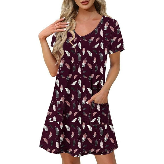 SYMOID Womens Summer Feather Print Short-sleeved V-neck Slim Casual Mini Shift Dress,Red,Size S