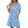 thumbnail image 1 of SYMOID Womens Summer Feather Print Short-sleeved V-neck Slim Casual Mini Shift Dress,Sky Blue,Size 2XL, 1 of 7
