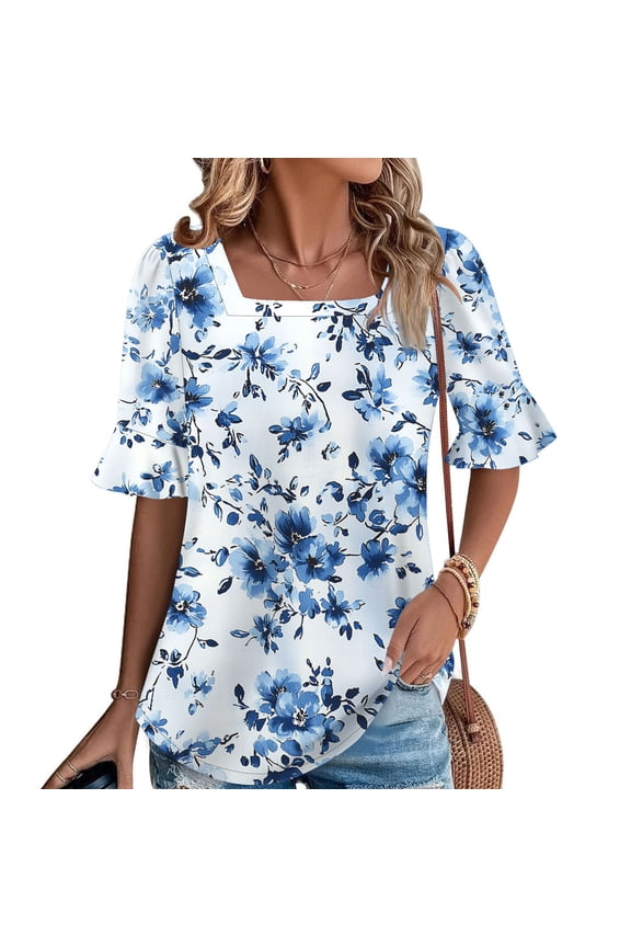 Womens Summer Floral Casual Short Sleeve Blouse for Misses, Polyester Fabric,Multicolor,Size L