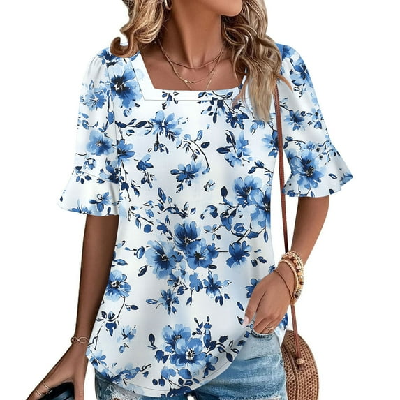 SYMOID Womens Summer Floral Casual Short Sleeve Blouse for Misses, Polyester Fabric,Multicolor,Size M