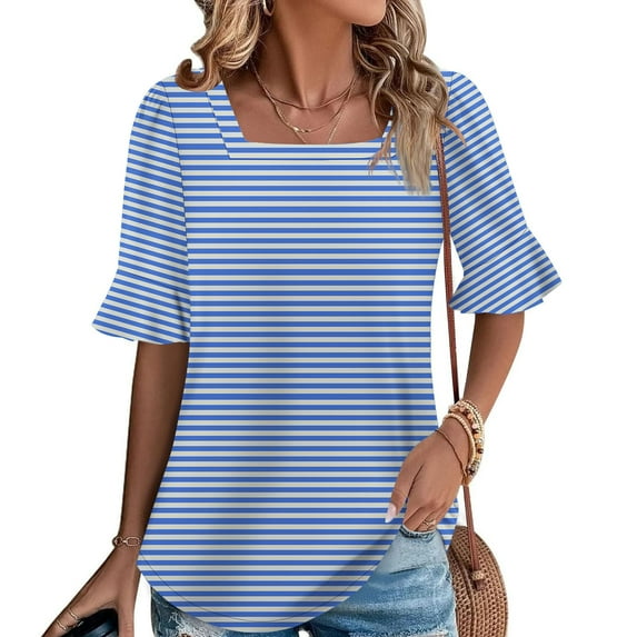 SYMOID Womens Summer Striped Casual Short Sleeve Blouse for Misses,Light Blue,Size S