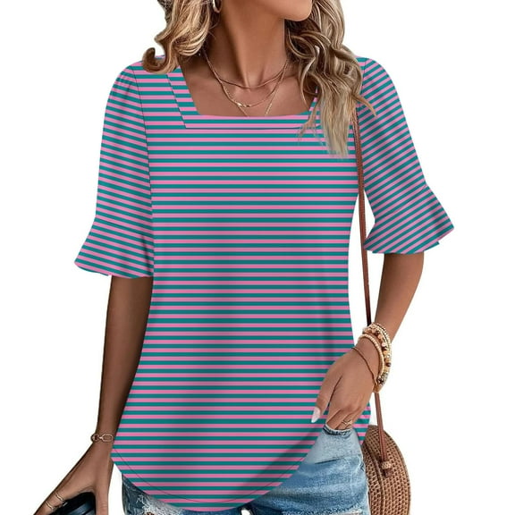 SYMOID Womens Summer Striped Casual Short Sleeve Blouse for Misses,Navy,Size L