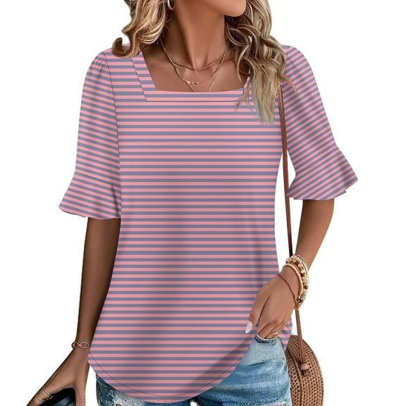 SYMOID Womens Summer Striped Casual Short Sleeve Blouse for Misses,Pink,Size XL