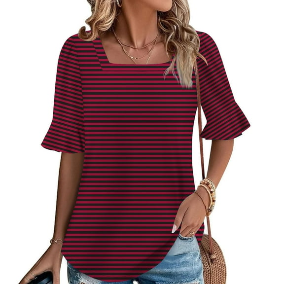 SYMOID Womens Summer Striped Casual Short Sleeve Blouse for Misses,Red,Size L
