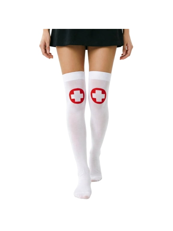 Womens Thigh High Over The Knee Hall-oween Nurse Costume Socks - Red Cross Print Compression Socks for Women,Size Free Size