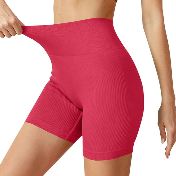 SYMOID Womens Tummy Control High Waisted Seamless Ribbed Compression Biker Shorts Yoga Workout Nylon Spandex Red,Size S