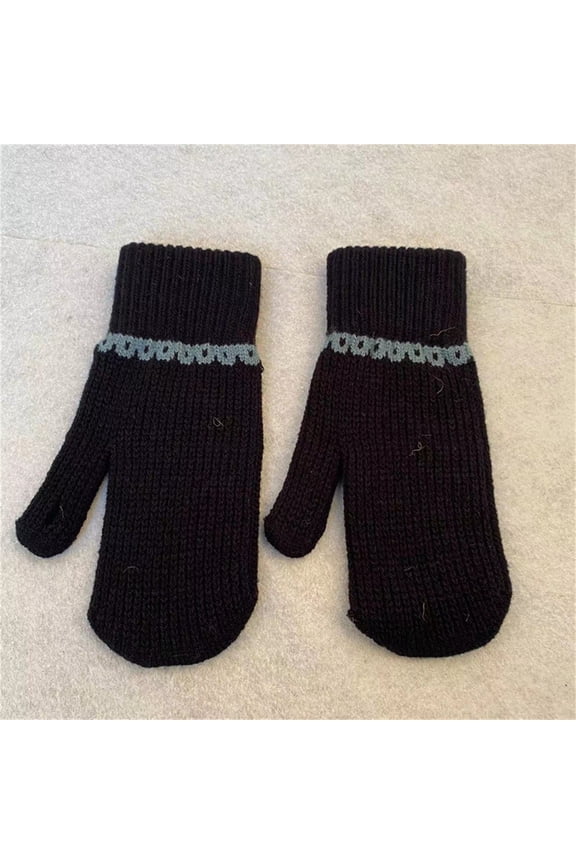 Womens Two-Finger Knitted Mittens - Black Warm Acrylic Texting Gloves with Openwork Knitting, Ribbed Cuff for Cold Weather, One Size Fits Most Adults,Size Free Size