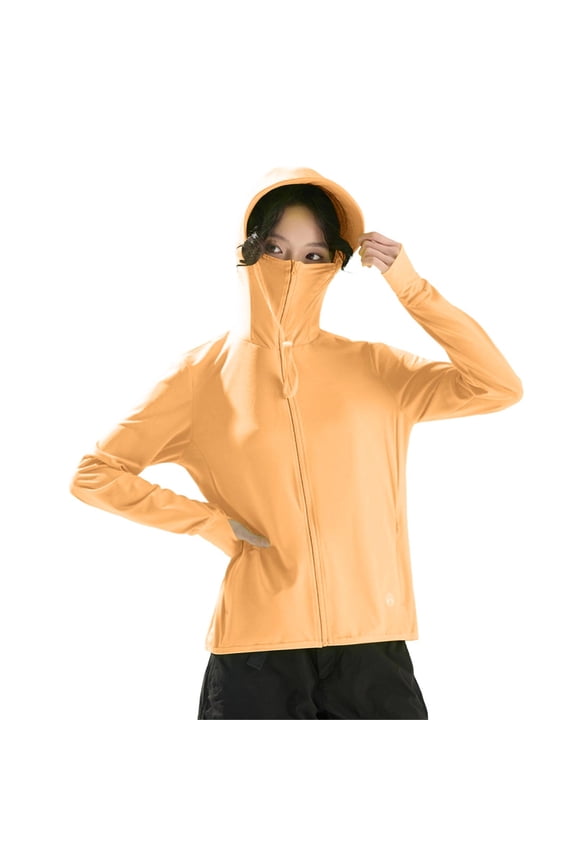 Womens UPF 50+ Hoodie Sun Protection Jacket Lightweight Running Shirt with Mask Thumbholes for Outdoor Hiking Beach Orange,Size 2XL