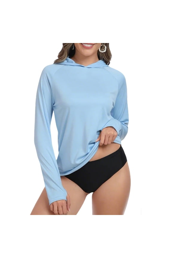 Womens UPF 50+ Long Sleeve Rash Guard Hooded with Thumbholes for Swim Surf Fishing 100% Polyester Sun Protection Top Light Blue S-XXL,Size S