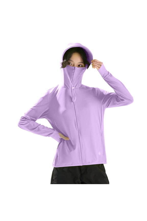 Womens UPF 50+ Sun Protection Jacket Breathable Hoodie with Built in Mask & Thumb Holes for Outdoor Running Hiking Purple,Size M