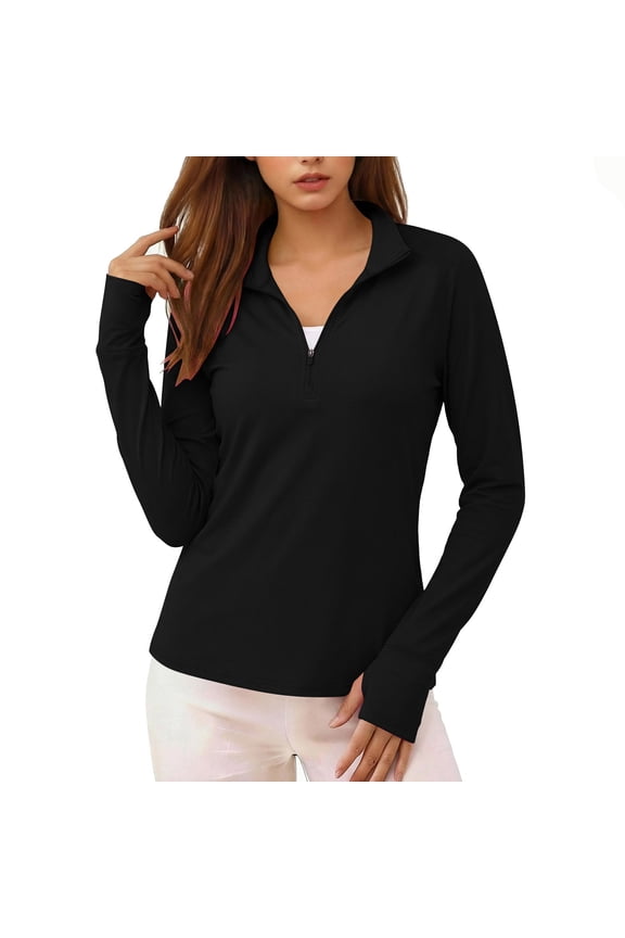 Womens UPF 50+ Sun Protection Shirt Long Sleeve Quarter Zip Quick Dry SPF Rashguard Top Moisture Wicking Hiking Athletic Pullover with Thumbholes Black,Size S
