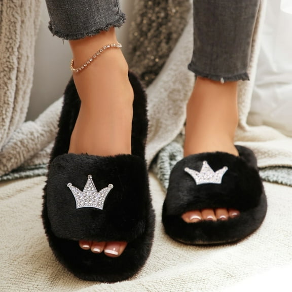 SYMOID Womens Ul-Ra Soft Pl-Sh Slippers - Black Open Toe Slippers with Rhinestone Crown Decor, Durable Nylon Spandex, Ergonomic Fit for indoor Outdoor Daily Wear,Size 40