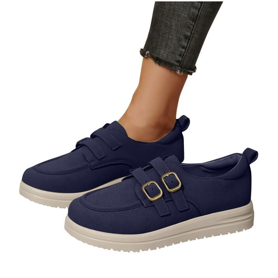SYMOID Womens Vintage Double Buckle Casual Shoes - Comfortable Non-Slip Pu Walking Shoes, Blue, Wide Size 36-43,Size 42
