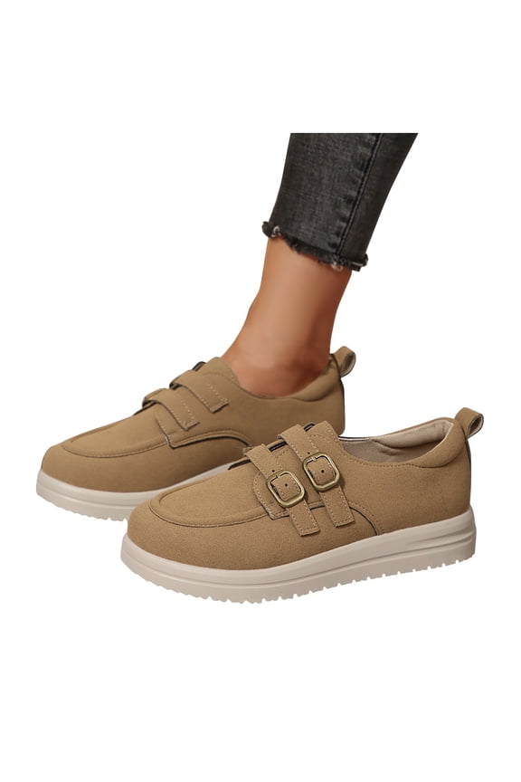 Womens Vintage Double Buckle Casual Shoes - Comfortable Non-Slip Pu Walking Shoes for All-Day Wear, Khaki, Wide Size 36-43,Size 43