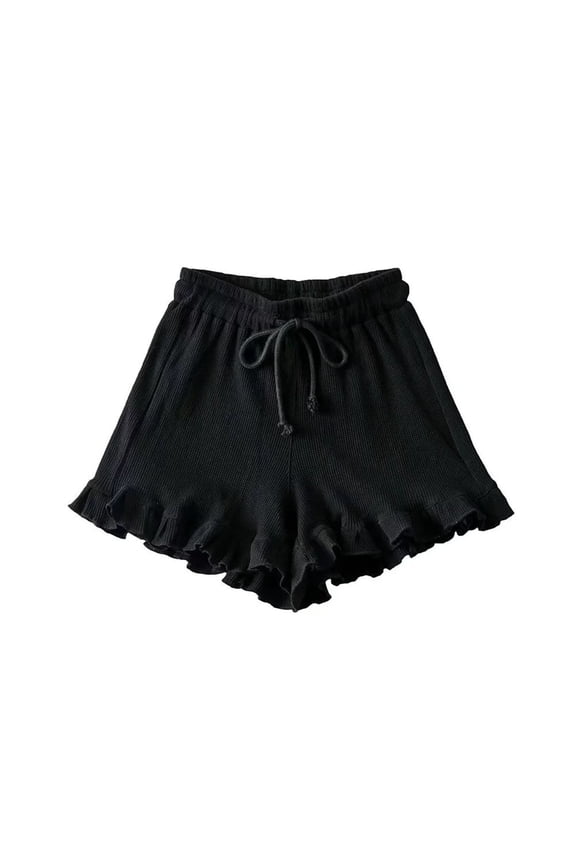 Womens Waffle Knit High Waisted Ruffle Hem Casual Shorts with Elastic Drawstring Waist, Black,Size L
