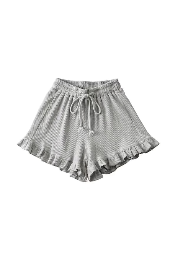 Womens Waffle Knit Lounge Shorts with Ruffle Hem, High Waisted Relaxed Fit Elastic Drawstring Casual Shorts, Heather Gray,Size M