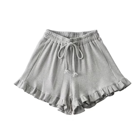 SYMOID Womens Waffle Knit Lounge Shorts with Ruffle Hem, High Waisted Relaxed Fit Elastic Drawstring Casual Shorts, Heather Gray,Size S