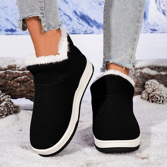 SYMOID Womens Warm Faux Faux Fur Lined Slip on Ankle Boots - Black Cozy insulated indoor Outdoor Cold Weather Footwear with Padded Sole,Size 43