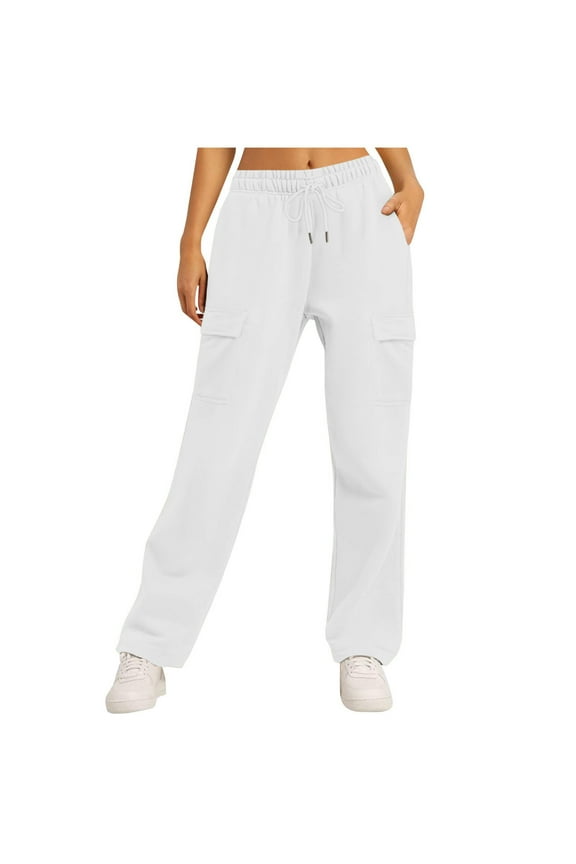 Womens White Cargo Pants - 100% Polyester High Waist Drawstring Loose Straight Leg Utility Pants with Large Pockets All-Day Comfort,Size XL