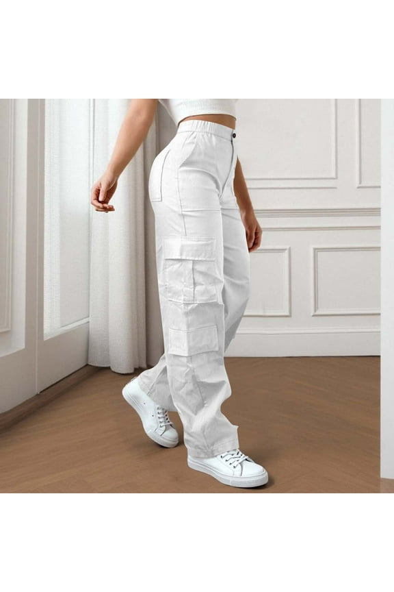 Womens White Cargo Pants - 100% Polyester, Multi-Pocket Utility, Loose Fit Elastic Waist, Casual Streetwear & Outdoor,Size L