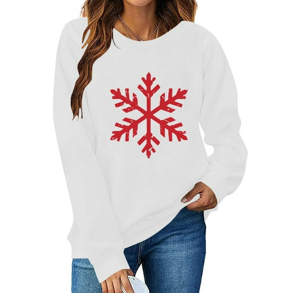 SYMOID Womens White Christmas Crew Neck Sweatshirt with Distressed Snowflakes - Soft 100% Polyester, Loose Fit Long Sleeve for Winter Festive & Daily Wear,Size M