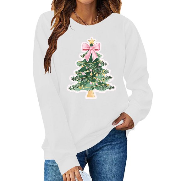 SYMOID Womens White Christmas Tree Print Sweatshirt - Crew Neck Long Sleeve, Soft Festive Holiday Casual Top for Daily Wear & Christmas Gatherings,Size XL