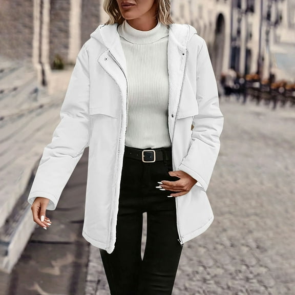 SYMOID Womens White Fleece Lined Warm Hooded Coat - Nylon Spandex Fabric, Mid-Length Loose Fit, Soft Lining, S-XXL Sizes for Fall Winter Early Spring,Size M