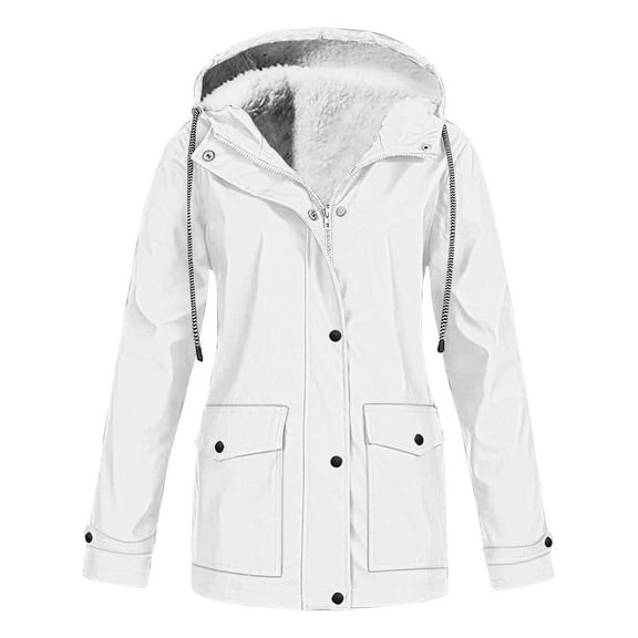 SYMOID Womens White Hooded Parka - Fleece Lined Warm for Fall Winter, Sizes S-XXXXXL with Snap Pockets & Adjustable Hood,Size M