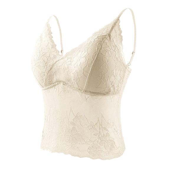 SYMOID Womens White Lace Camisole with Built-in Bra, Padded V-Neck Spaghetti Strap Cami Top, Stretchy Nylon Spandex Tank Top for Women L XL,Size L