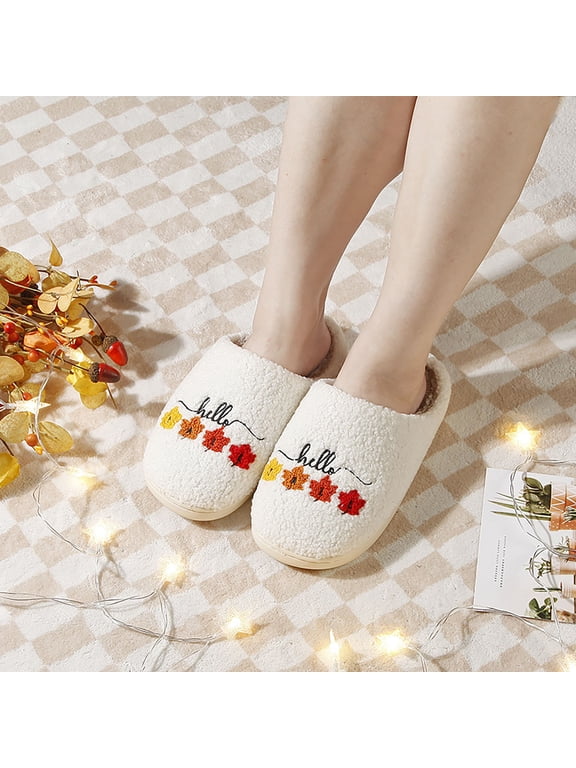 Womens White Pl-Sh Mule Slippers, 100% Polyester Embroidered Hello & Maple Leaf, Cozy Warm Open-Back House Slippers for Fall Winter, Sizes 37-43,Size 37
