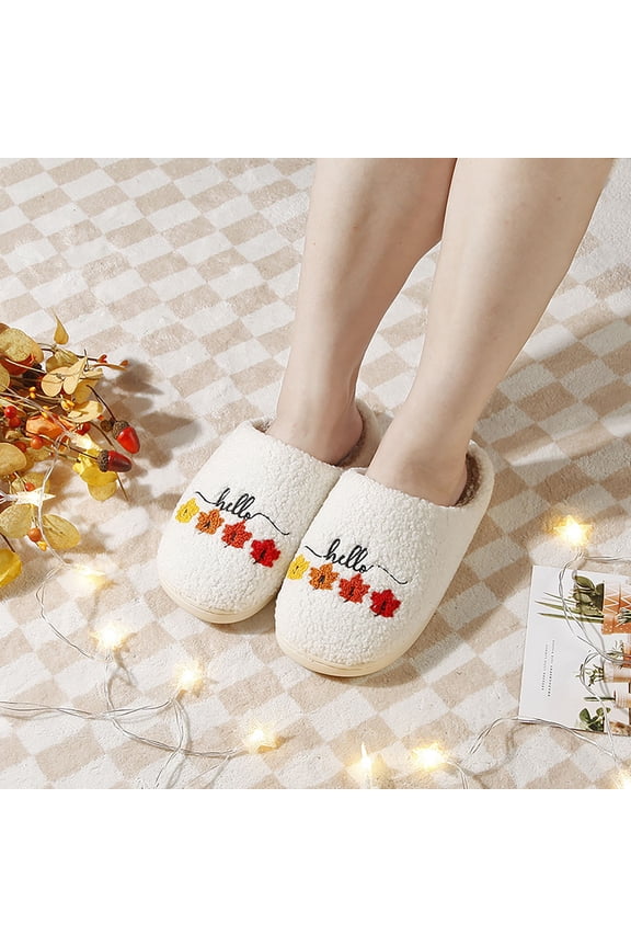 Womens White Pl-Sh Mule Slippers, 100% Polyester Embroidered Hello & Maple Leaf, Cozy Warm Open-Back House Slippers for Fall Winter, Sizes 37-43,Size 43