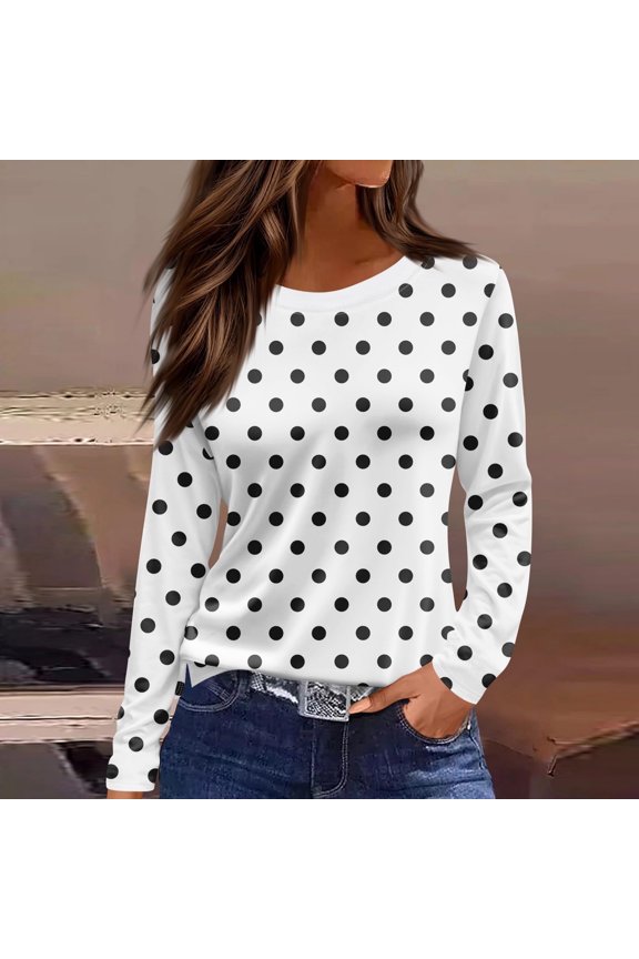 Womens White Polka Dot Long Sleeve Crew Neck Top - 95% Polyester 5% Spandex, Stretchy Comfort, Figure-Flattering, S-XXL Sizes, Casual & Office Wear,Size XL