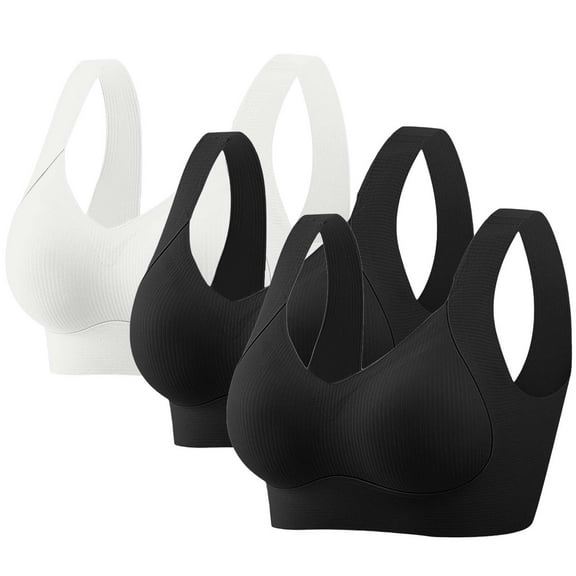 SYMOID Womens White Seamless Sports Bra 3 Pack, M-5XL Moisture-Wicking Wide Straps, Low-Impact for Daily Wear/Yoga/Lounging,Size L