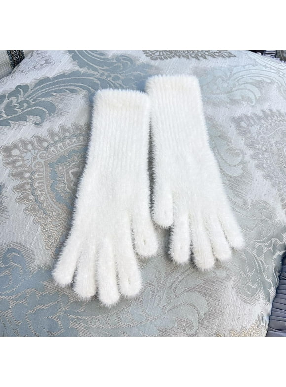 Womens White Warm Winter Gloves - XL Size Fluffy Knit, Long Wrist Fingered, Soft Nylon-Spandex for Cold Weather Daily Use,Size XL