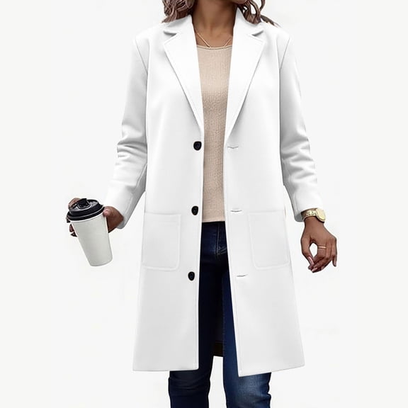 SYMOID Womens White Wool Blend Mid-Length Coat - Fall Winter Warm Single-Breasted Outerwear for Casual & Work,Size S