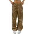 thumbnail image 1 of SYMOID Womens Wide Leg Cargo Pants, Elastic Drawstring Waist - Khaki - 100% Polyester, Multiple Pockets,Size M, 1 of 8