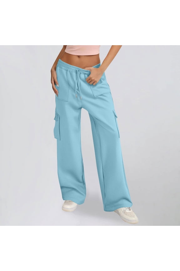 Womens Wide Leg Cargo Pants with Elastic Drawstring Waist, Multiple Pockets, 100% Polyester, Casual Comfort, Sky Blue,Size M