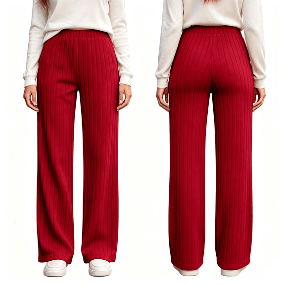 SYMOID Womens Wide Leg Pull on Pants Wine High Rise Ribbed Knit Stretch Relaxed Fit Side Pockets,Size L