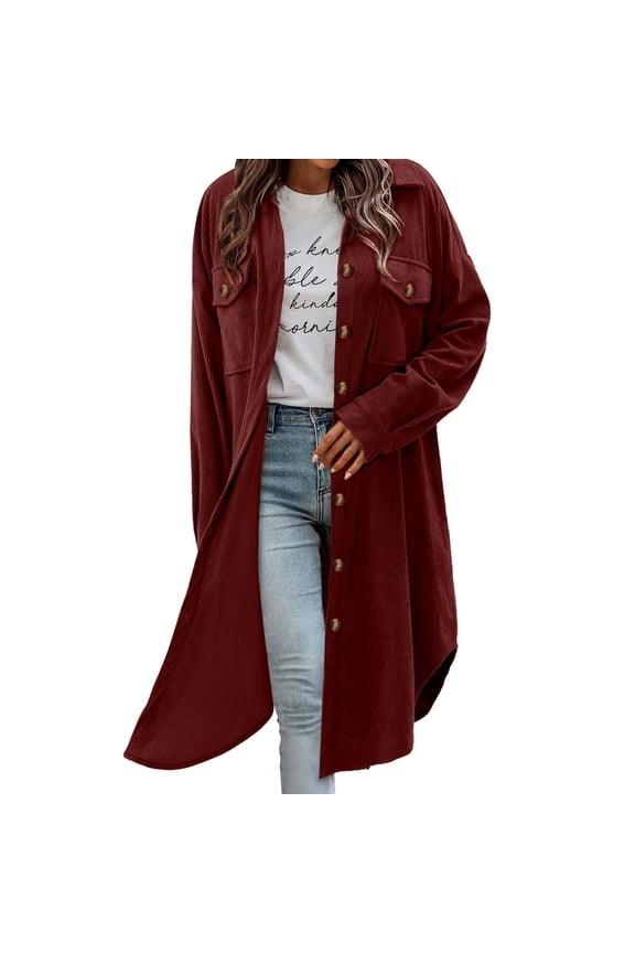 Womens Wine Corduroy Shacket - Soft Cotton Spandex Longline Shirt Jacket, Oversized Relaxed Fit with Chest & Side Pockets for Spring Fall,Size 2XL