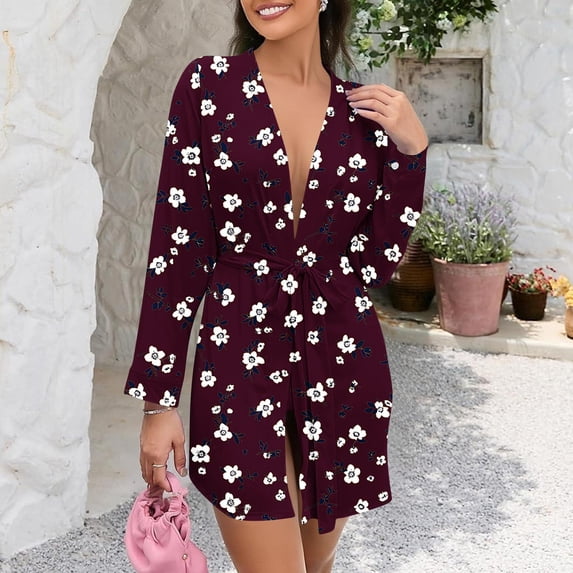 SYMOID Womens Wine Floral Kimono Robe - 95% Polyester 5% Spandex, Self-Tie Belt, S-XXXXXL Inclusive Size, Soft Bath & Loungewear,Size S