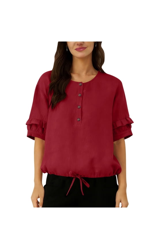 Womens Wine Linen Blend Top Short Sleeve Henley Shirt with Puff Sleeves, Relaxed Oversized Fit & Adjustable Drawstring Hem,Size L