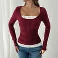 thumbnail image 1 of SYMOID Womens Wine Long Sleeve Henley Top - Stretchy Polyester-Spandex, Square Neck with Lace Trim, Ribbed Knit Slim Fit for Casual Daily Wear,Size M, 1 of 4