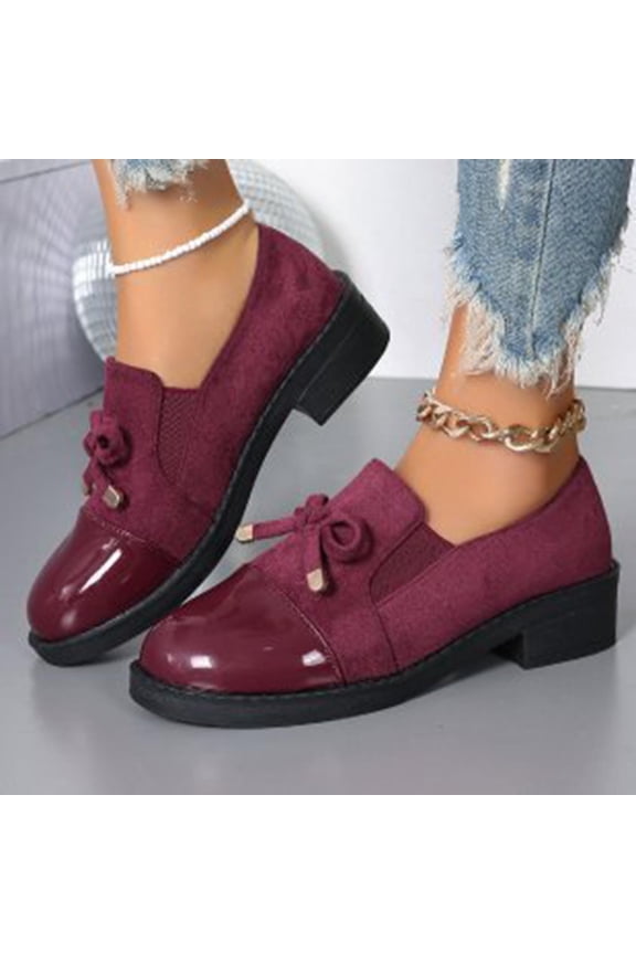 Womens Wine Low Block Heel Loafers - Patent Faux Leather Toe Flock Upper with Bowknot Ornament, Comfortable Office Casual Daily Commute Shoes for Ladies,Size 36