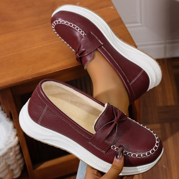 SYMOID Womens Wine Platform Loafers - Comfortable Pu Faux Leather Shoes with Bow Accent, Slip-Resistant Shock-Absorbent Sole, Wide Size 36-43 for Work & Casual Daily Use,Size 38